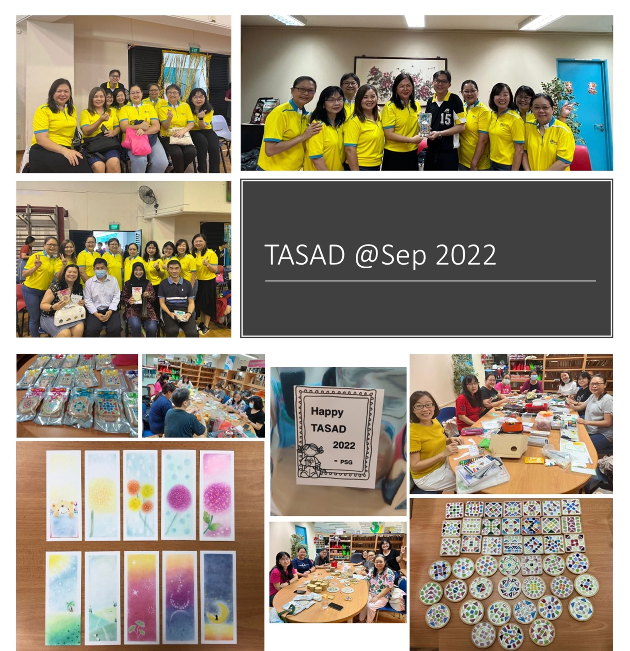 Collage of TASAD September 2022 event showing groups in yellow shirts, crafts, watercolor bookmarks, and mosaic coasters.